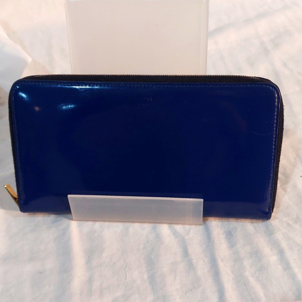 Authentic Vintage Celine Large Zip Around Wallet Blue Patent Leather